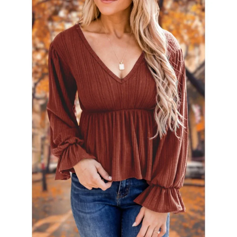 Coffee Ruffle Peplum Puff Sleeve V-Neck Long Lantern Sleeve Babydoll Top Blouse - Picture 2 of 7